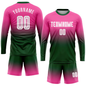 Custom Pink White-Green Sublimation Long Sleeve Fade Fashion Soccer Uniform Jersey