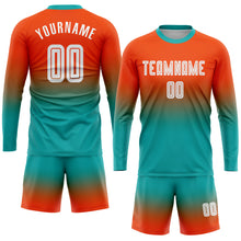 Load image into Gallery viewer, Custom Orange White-Aqua Sublimation Long Sleeve Fade Fashion Soccer Uniform Jersey
