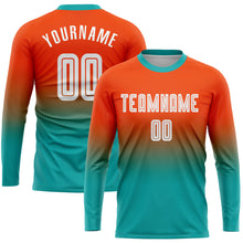 Load image into Gallery viewer, Custom Orange White-Aqua Sublimation Long Sleeve Fade Fashion Soccer Uniform Jersey
