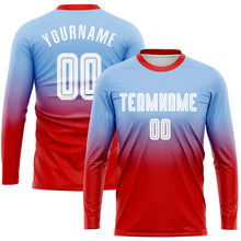 Load image into Gallery viewer, Custom Light Blue White-Red Sublimation Long Sleeve Fade Fashion Soccer Uniform Jersey
