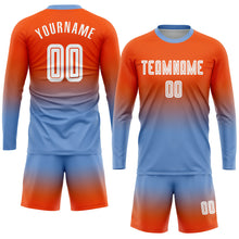 Load image into Gallery viewer, Custom Orange White-Light Blue Sublimation Long Sleeve Fade Fashion Soccer Uniform Jersey
