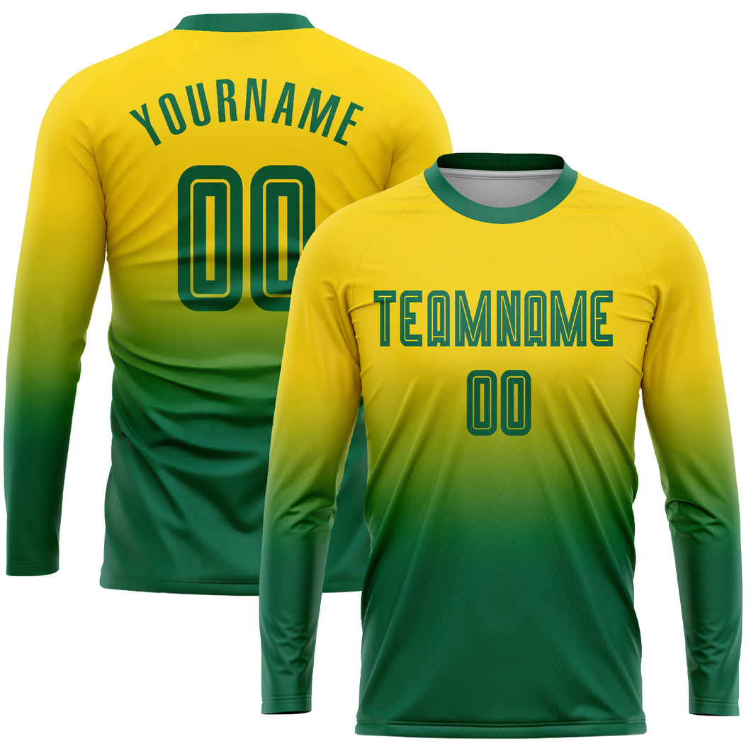 Custom Gold Kelly Green Sublimation Long Sleeve Fade Fashion Soccer Uniform Jersey