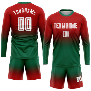 Custom Red White-Kelly Green Sublimation Long Sleeve Fade Fashion Soccer Uniform Jersey