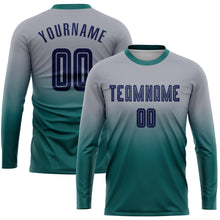 Load image into Gallery viewer, Custom Gray Navy-Teal Sublimation Long Sleeve Fade Fashion Soccer Uniform Jersey
