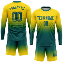 Load image into Gallery viewer, Custom Gold Teal Sublimation Long Sleeve Fade Fashion Soccer Uniform Jersey
