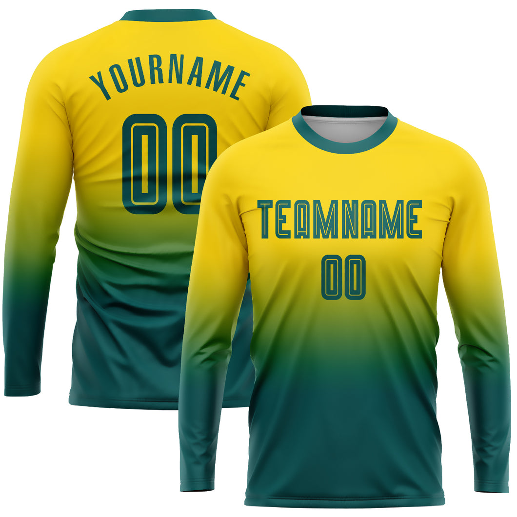 Custom Gold Teal Sublimation Long Sleeve Fade Fashion Soccer Uniform Jersey