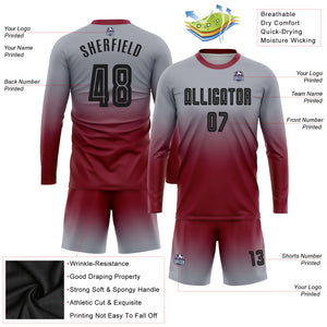 Custom Gray Black-Crimson Sublimation Long Sleeve Fade Fashion Soccer Uniform Jersey