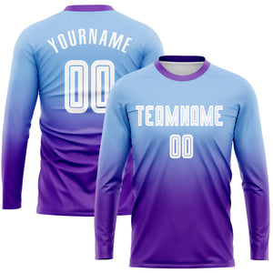 Custom Light Blue White-Purple Sublimation Long Sleeve Fade Fashion Soccer Uniform Jersey