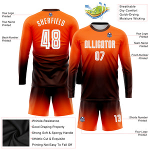 Custom Orange White-Brown Sublimation Long Sleeve Fade Fashion Soccer Uniform Jersey