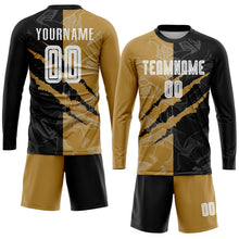 Load image into Gallery viewer, Custom Graffiti Pattern White Black-Old Gold Scratch Sublimation Soccer Uniform Jersey
