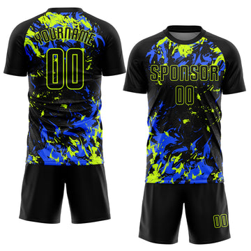 Custom Black Black Neon Green-Royal Sublimation Soccer Uniform Jersey