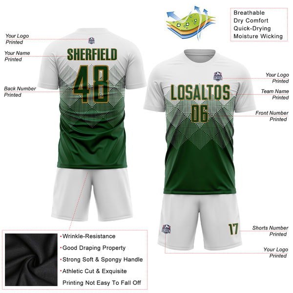 Custom White Green-Old Gold Sublimation Soccer Uniform Jersey Fast