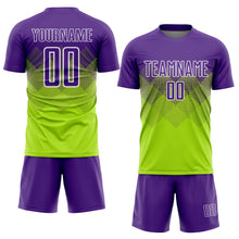 Load image into Gallery viewer, Custom Neon Green Purple-White Sublimation Soccer Uniform Jersey
