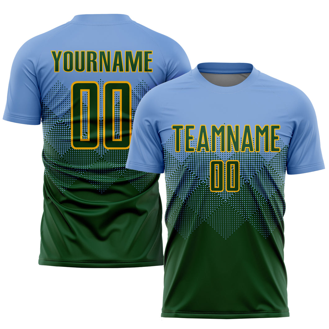 Custom Light Blue Green-Gold Sublimation Soccer Uniform Jersey