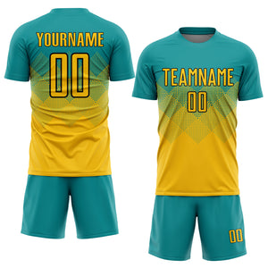 Custom Teal Gold-Black Sublimation Soccer Uniform Jersey