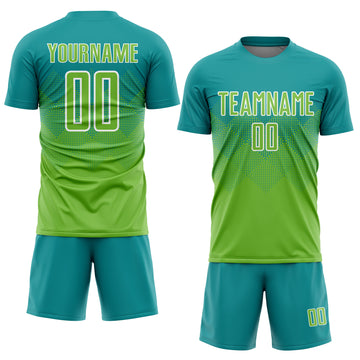 Custom Teal Neon Green-White Sublimation Soccer Uniform Jersey