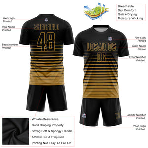 Custom Black Old Gold Pinstripe Fade Fashion Sublimation Soccer Uniform Jersey