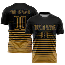 Load image into Gallery viewer, Custom Black Old Gold Pinstripe Fade Fashion Sublimation Soccer Uniform Jersey
