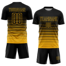 Load image into Gallery viewer, Custom Black Gold Pinstripe Fade Fashion Sublimation Soccer Uniform Jersey
