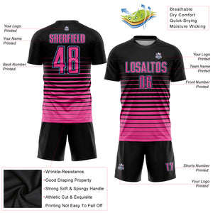 Custom Black Pink-Light Blue Pinstripe Fade Fashion Sublimation Soccer Uniform Jersey