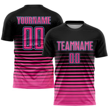 Load image into Gallery viewer, Custom Black Pink-Light Blue Pinstripe Fade Fashion Sublimation Soccer Uniform Jersey
