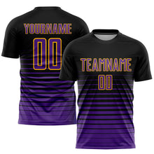Load image into Gallery viewer, Custom Black Purple-Gold Pinstripe Fade Fashion Sublimation Soccer Uniform Jersey
