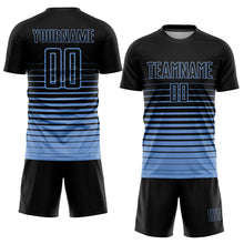 Load image into Gallery viewer, Custom Black Light Blue Pinstripe Fade Fashion Sublimation Soccer Uniform Jersey
