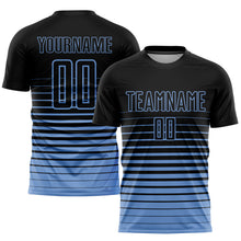 Load image into Gallery viewer, Custom Black Light Blue Pinstripe Fade Fashion Sublimation Soccer Uniform Jersey
