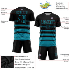Custom Black Teal Pinstripe Fade Fashion Sublimation Soccer Uniform Jersey