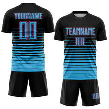 Load image into Gallery viewer, Custom Black Sky Blue-Pink Pinstripe Fade Fashion Sublimation Soccer Uniform Jersey
