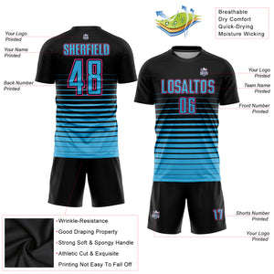 Custom Black Sky Blue-Pink Pinstripe Fade Fashion Sublimation Soccer Uniform Jersey
