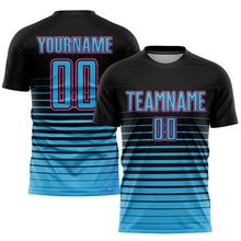Load image into Gallery viewer, Custom Black Sky Blue-Pink Pinstripe Fade Fashion Sublimation Soccer Uniform Jersey
