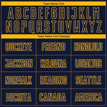 Load image into Gallery viewer, Custom Navy Gold Pinstripe Fade Fashion Sublimation Soccer Uniform Jersey
