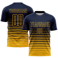 Load image into Gallery viewer, Custom Navy Gold Pinstripe Fade Fashion Sublimation Soccer Uniform Jersey
