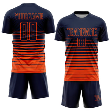 Custom Navy Orange Pinstripe Fade Fashion Sublimation Soccer Uniform Jersey