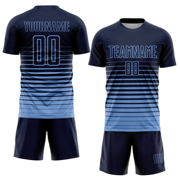 Custom Navy Light Blue Pinstripe Fade Fashion Sublimation Soccer Uniform Jersey