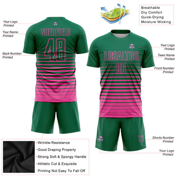 Custom Kelly Green Pink Pinstripe Fade Fashion Sublimation Soccer Uniform Jersey
