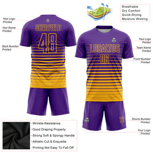 Custom Purple Gold Pinstripe Fade Fashion Sublimation Soccer Uniform Jersey