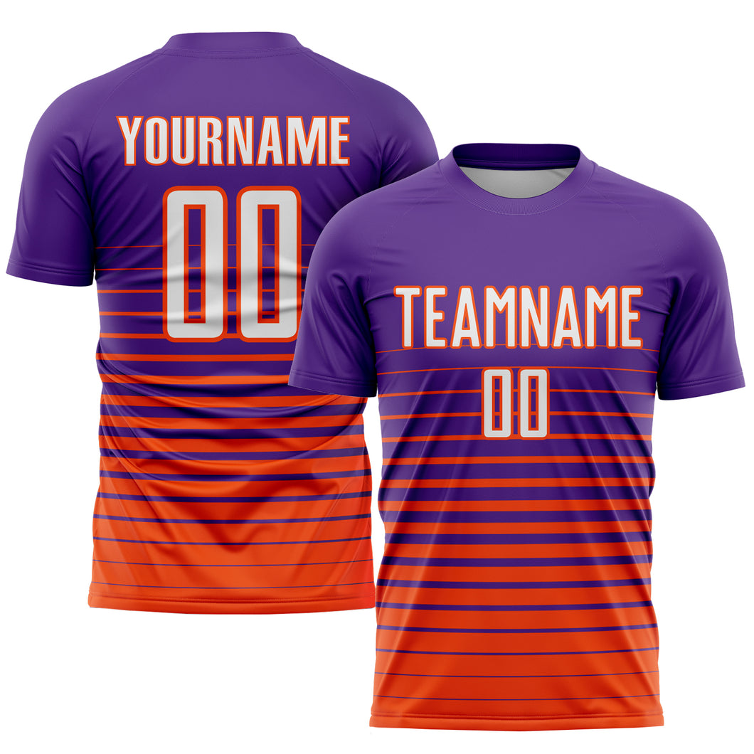 Custom Purple White-Orange Pinstripe Fade Fashion Sublimation Soccer Uniform Jersey