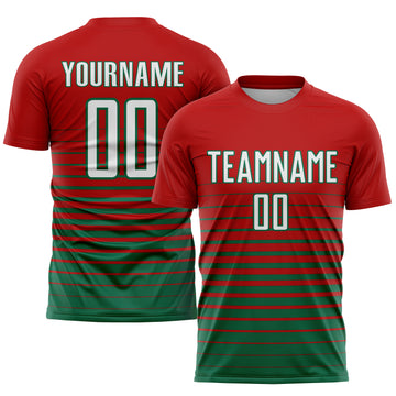 Custom Red White-Kelly Green Pinstripe Fade Fashion Sublimation Soccer Uniform Jersey