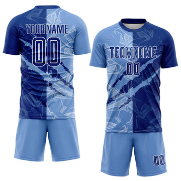 Custom Graffiti Pattern Royal-Light Blue Scratch Sublimation Soccer Uniform Jersey