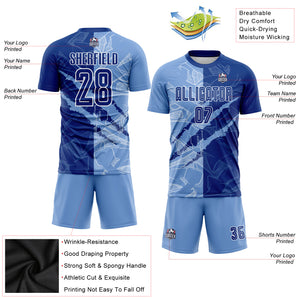 Custom Graffiti Pattern Royal-Light Blue Scratch Sublimation Soccer Uniform Jersey