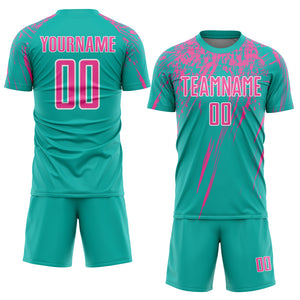 Custom Aqua Pink-White Sublimation Soccer Uniform Jersey