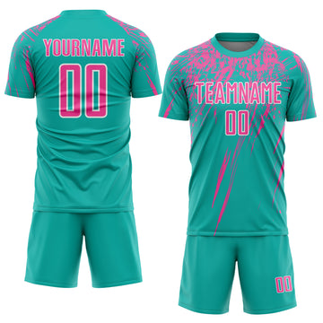 Custom Aqua Pink-White Sublimation Soccer Uniform Jersey