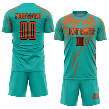 Custom Aqua Orange-Black Sublimation Soccer Uniform Jersey