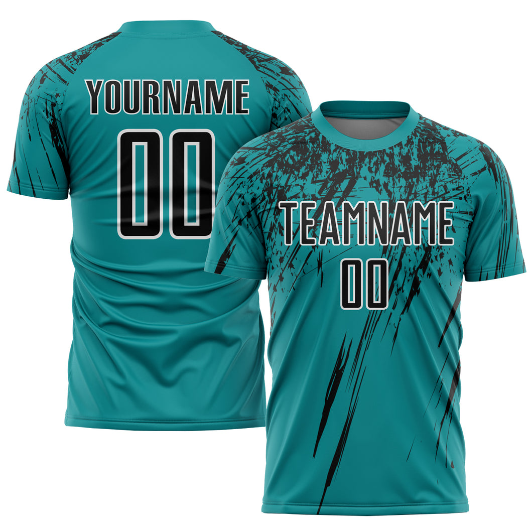 Custom Teal Black-White Sublimation Soccer Uniform Jersey