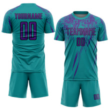 Load image into Gallery viewer, Custom Teal Purple-Black Sublimation Soccer Uniform Jersey
