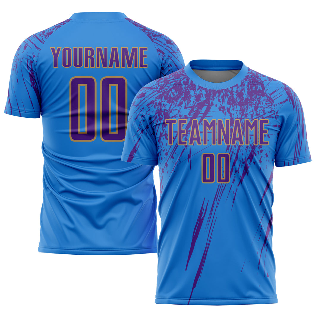 Custom Electric Blue Purple-Old Gold Sublimation Soccer Uniform Jersey