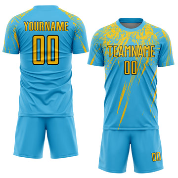 Custom Sky Blue Yellow-Black Sublimation Soccer Uniform Jersey