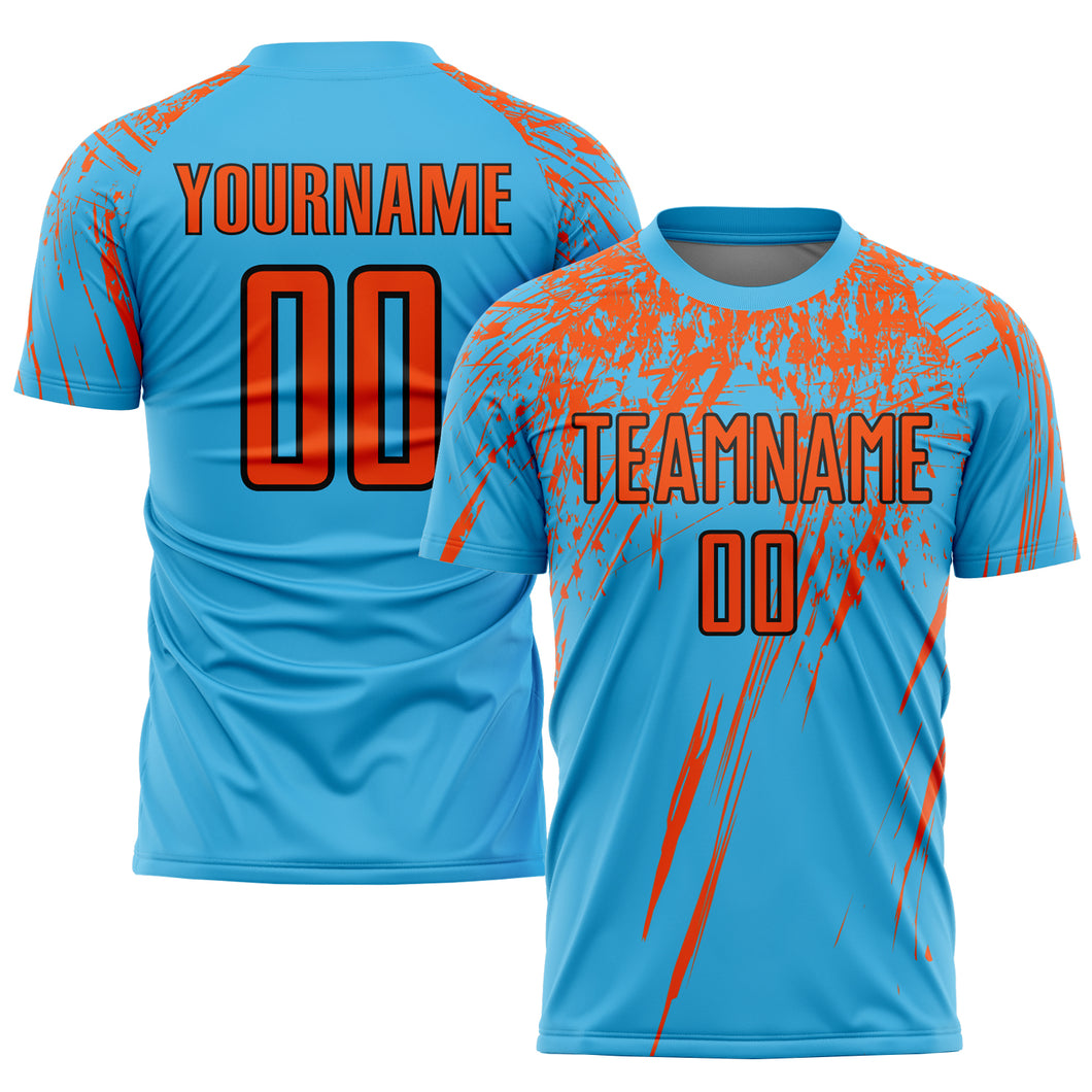 Custom Sky Blue Orange-Black Sublimation Soccer Uniform Jersey